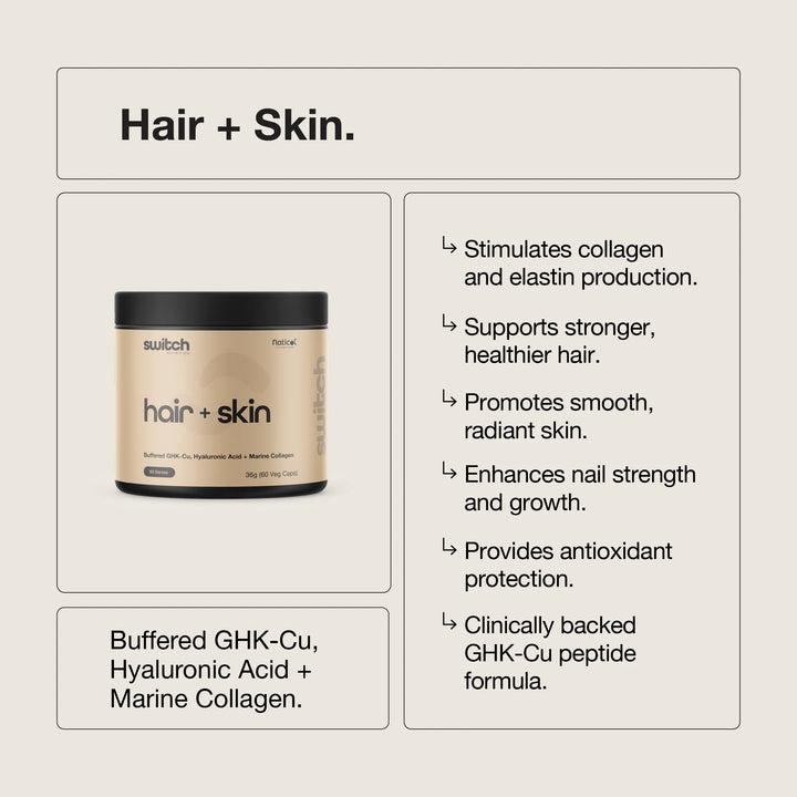 Switch Nutrition | Hair + Skin GHK-Cu, Hyaluronic Acid & Marine Collagen